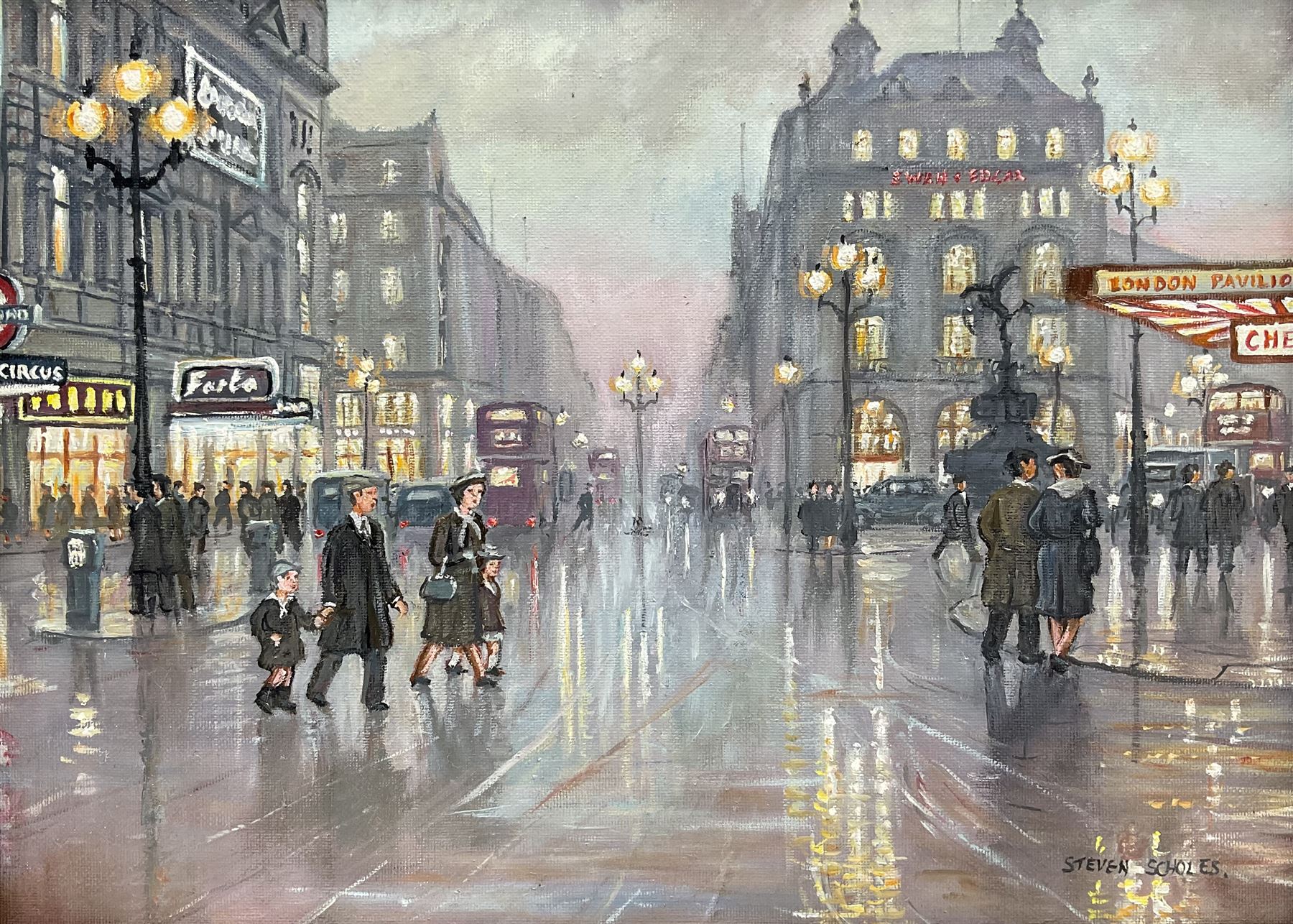 Steven Scholes (Northern British 1952-): 'Piccadilly Circus - London 1958', oil on canvas signed, titled verso 29cm x 39cm