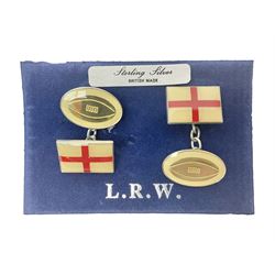Pair of silver enamel England rugby cufflinks, hallmarked 