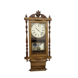 American - walnut cased 8-day wall clock c 1880, with parquetry inlay, carved pediment and...