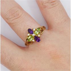 Silver-gilt peridot, amethyst and pearl ring, stamped