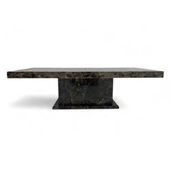 Contemporary marble coffee table, rectangular top of variegated brown marble supported by ...