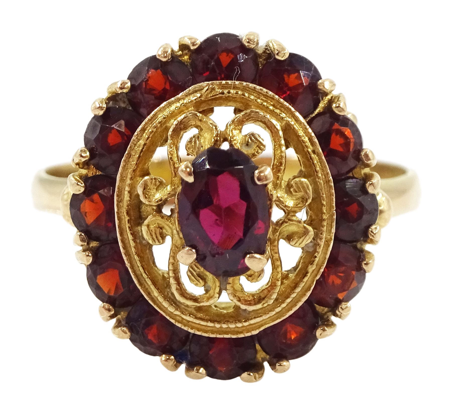 9ct gold garnet filigree cluster ring, stamped 375