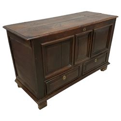 18th century oak mule chest, rectangular hinged top with moulded edge enclosing candle box, triple panelled font over two drawers with fielded panelled facias, on stile supports