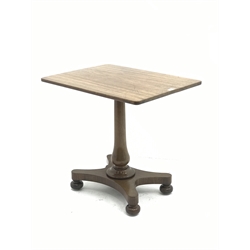 Victorian mahogany side table, rounded rectangular top on column, shaped platform with four turned feet with recessed castors, 74cm x 55cm, H69cm