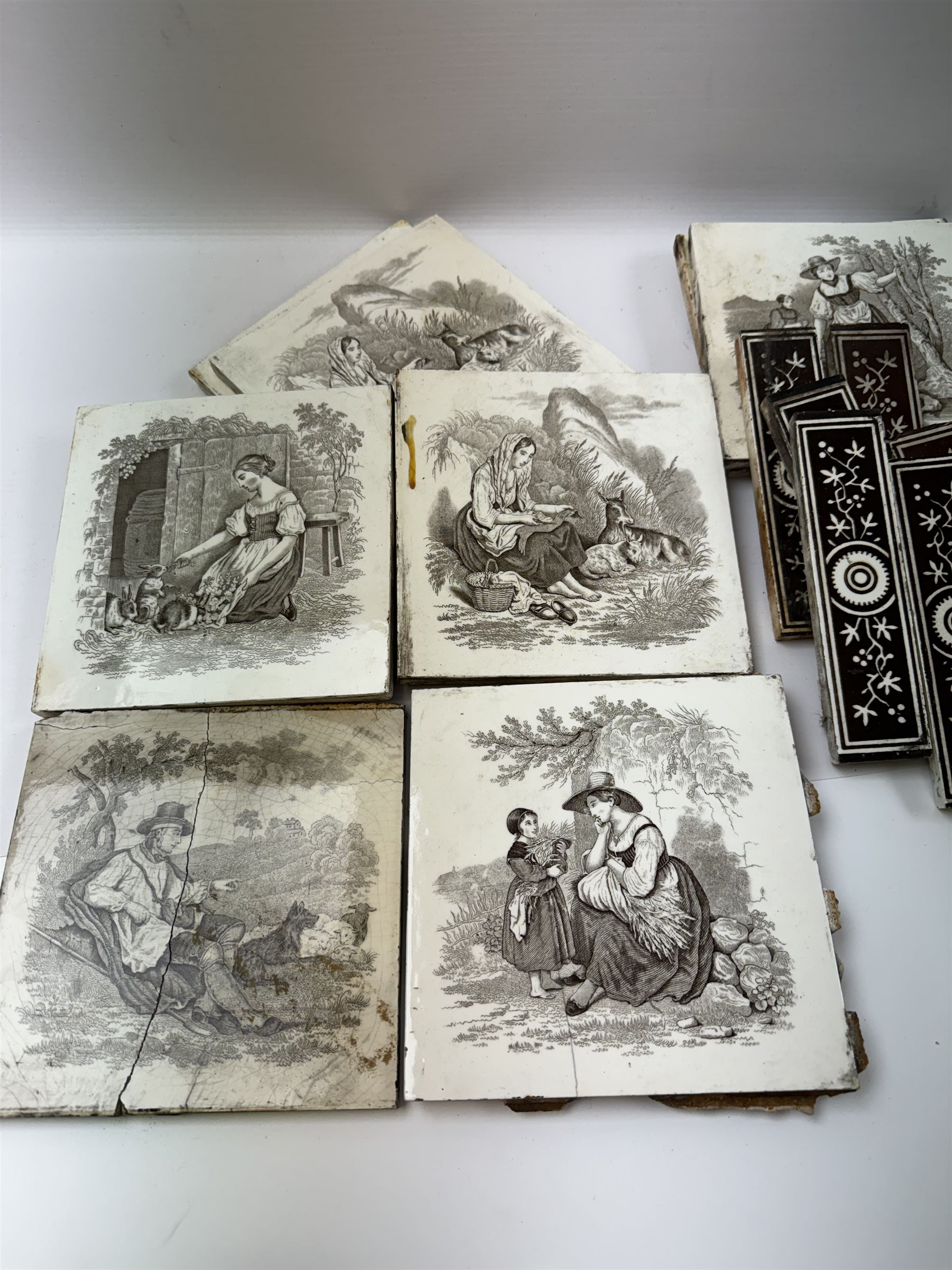 Eight Minton China Works tiles, each transfer printed with village and farming scenes, together with six brown and white floral spacing tiles, Minton tiles 15cm x 15cm