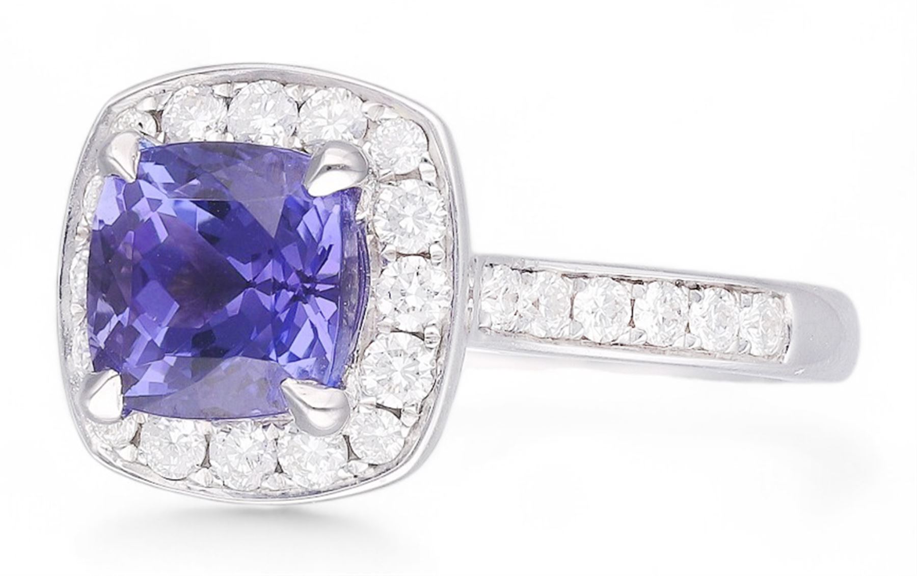 18ct white gold cushion cut tanzanite and round brilliant cut diamond cluster ring, with diamond set shoulders, hallmarked, tanzanite 2.25 carat, total diamond weight approx 0.55 carat