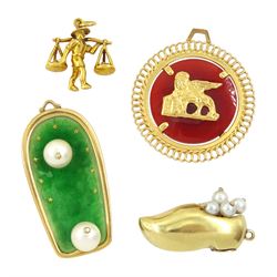 Four gold pendant / charms including 18ct gold hardstone set Winged Lion St Mark Venice, 9...