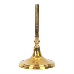 19th century brass adjustable candlestick, the spreading circular base leading to a basal knopped stem supporting adjustable twin scroll arms with urn shaped sockets above circular drip pans, H38cm W43.5cm