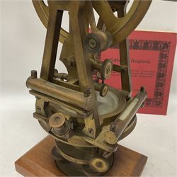 19th century brass transit theodolite by Troughton & Simms, the sighting telescope with rack and pinion focusing, above an inset compass, upon four levelling feet and a rectangular wooden base, including base H35.5cm