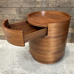 Pair of walnut circular barrel shaped lamp tables, fitted with single drawer