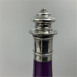 Pair of Victorian amethyst glass decanters, each of slender bottle form, with silver collars and stoppers, hallmarked Henry Manton, Birmingham 1840, H35cm