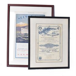 Nelson Line, 'Highland Monarch' advertising poster, together with a 1920s share certificate for Companhia Colonial de Navegacoa, both framed, tallest H47cm