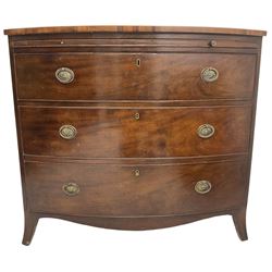 George III mahogany bow-front chest, shaped top with satinwood stringing, fitted with brushing slide over three graduating cock-beaded drawers, shaped apron over bracket feet