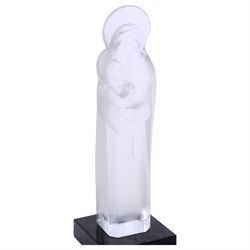 Rene Lalique (French 1860-1945), large crystal figure of the Madonna and Child, model 905, circa 1950, engraved Lalique France, upon square polished black slate plinth, overall H36cm