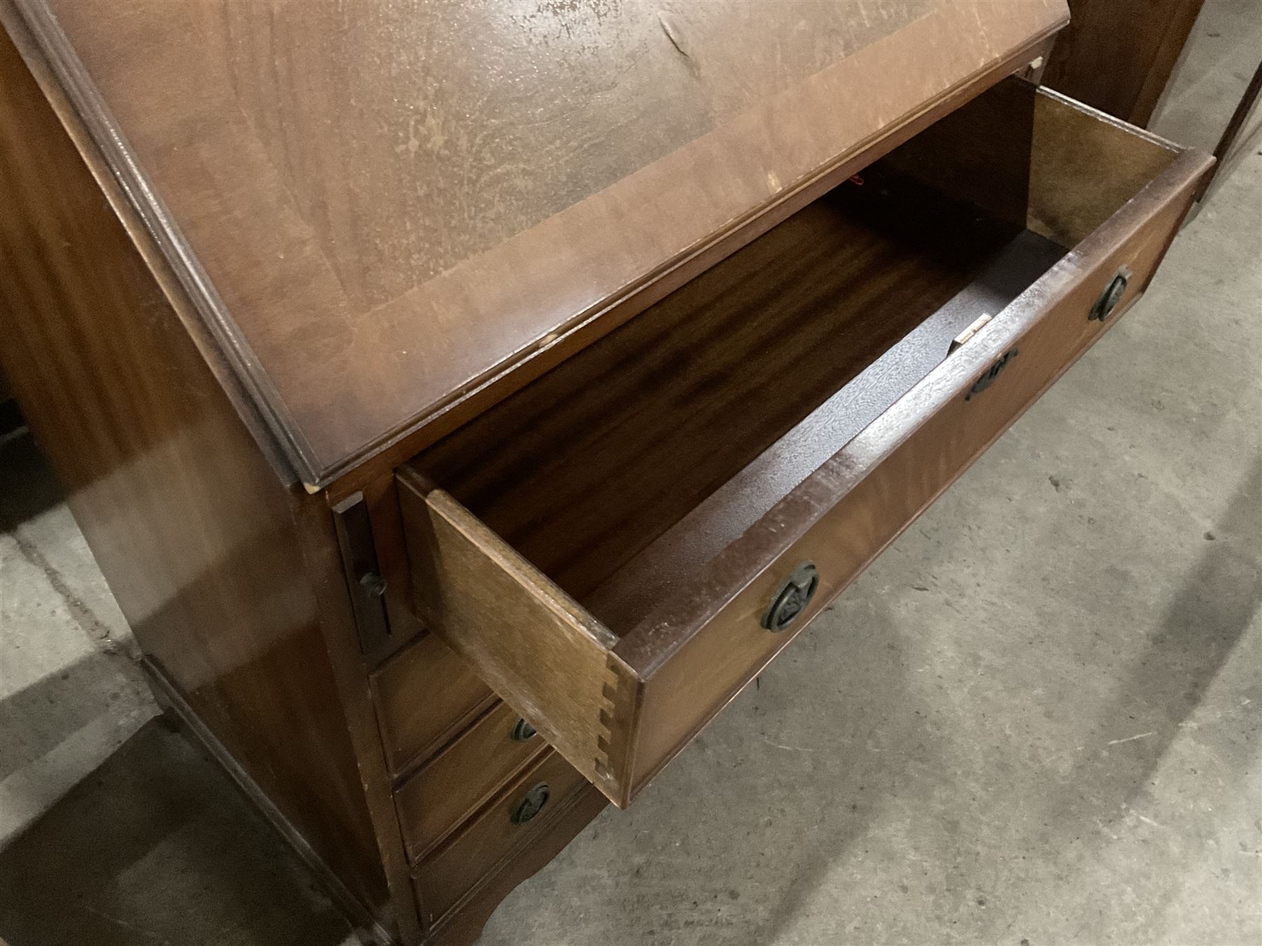 Georgian design mahogany bureau, fall-front enclosing fitted interior with leather inset writing surface, over four graduating drawers - THIS LOT IS TO BE COLLECTED BY APPOINTMENT FROM THE OLD BUFFER DEPOT, MELBOURNE PLACE, SOWERBY, THIRSK, YO7 1QY