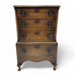 Queen Anne design walnut chest-on-stand, moulded rectangular top over four graduated cockb...