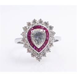  18ct white gold diamond and ruby cluster ring, pear shaped diamond approx 0.7 carat stamped 750  