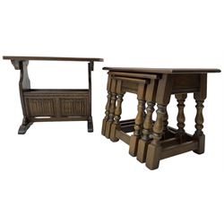 Old Charm - oak nest of three tables (W61cm, D33cm, H45cm); magazine table with carved linenfold detail (W66cm, D36cm, H51cm) (2)