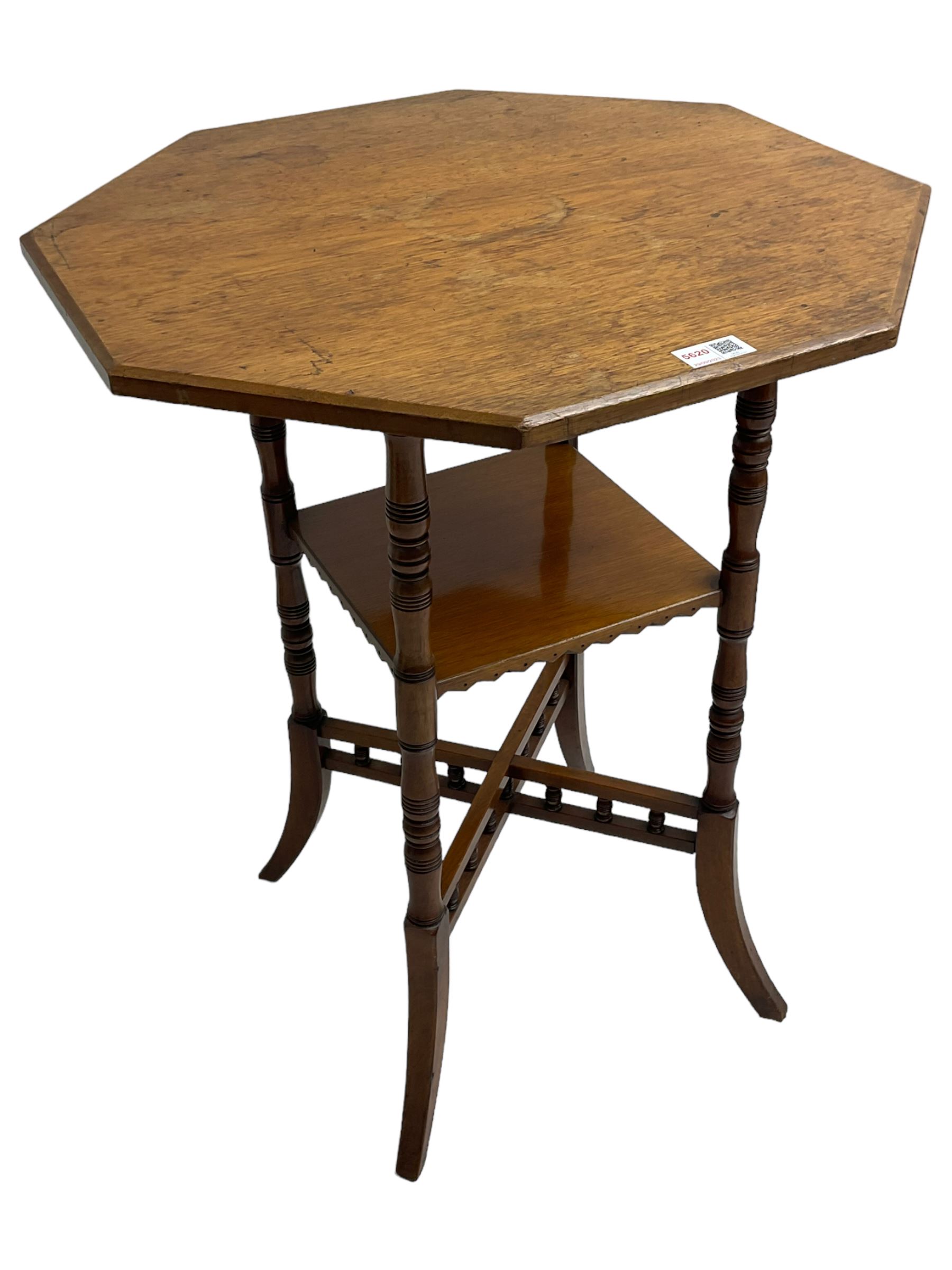 Victorian walnut centre table, octagonal to on turned and splayed supports joined by under tier and x-framed stretchers