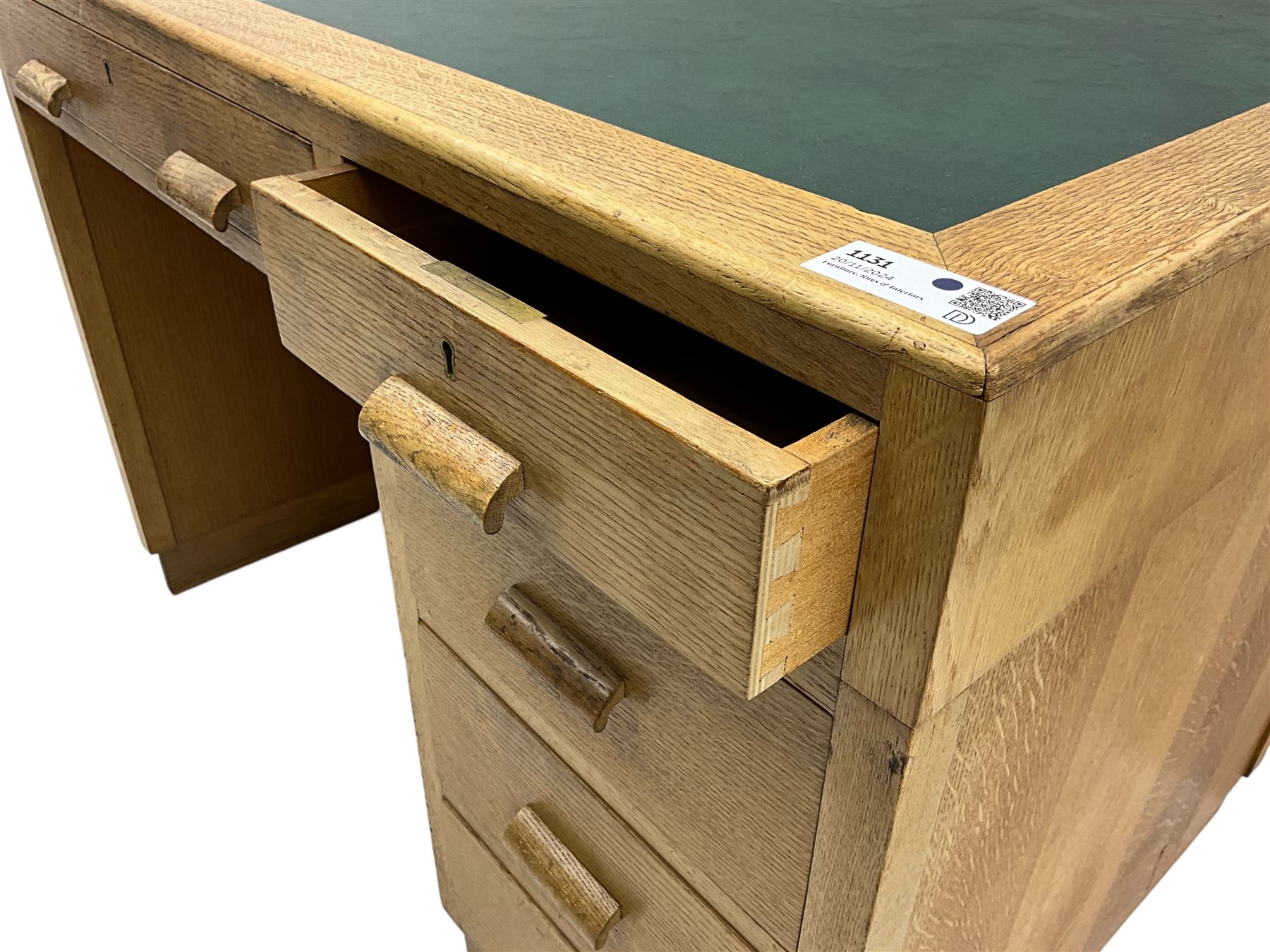 Early to mid-20th century oak pedestal desk, rectangular top with inset writing surface, fitted with five drawers 