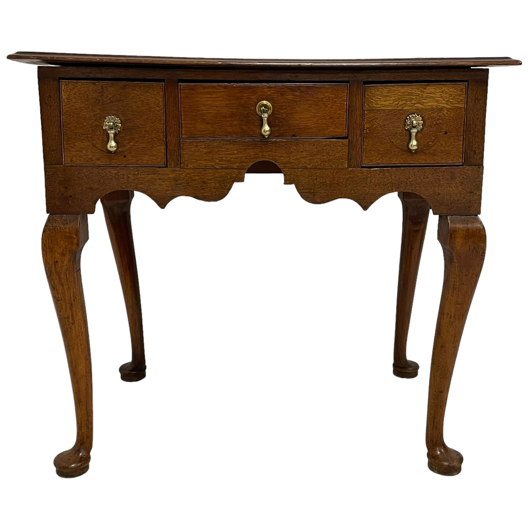 18th century oak low-boy, rectangular moulded top over three drawers with scratch mouldings, shaped apron, on cabriole supports