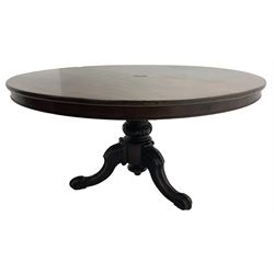 Victorian mahogany breakfast table, the circular tilt-top on carved pedestal, three moulded supports carved with bellflowers and scrolled terminals 