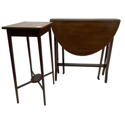 Edwardian inlaid mahogany rectangular occasional table (45cm x 31cm, H72cm); Edwardian mahogany drop-leaf Sutherland table (76cm x 92cm x 74cm)