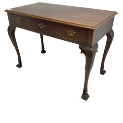 Late 19th century mahogany side table, moulded rectangular top over three drawers, pierced brass handle plates with swan neck handles, on acanthus carved cabriole supports with paw carved feet