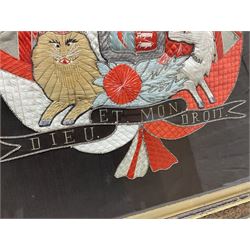 Early 20th century silk needlework panel, depicting a ship in full sail and Royal Coat of Arms to centre, with red and white ensigns to either side, lion and unicorn below with quote 'Dieu Et Mon Droit', upon a black silk ground within gilt frame, H59cm