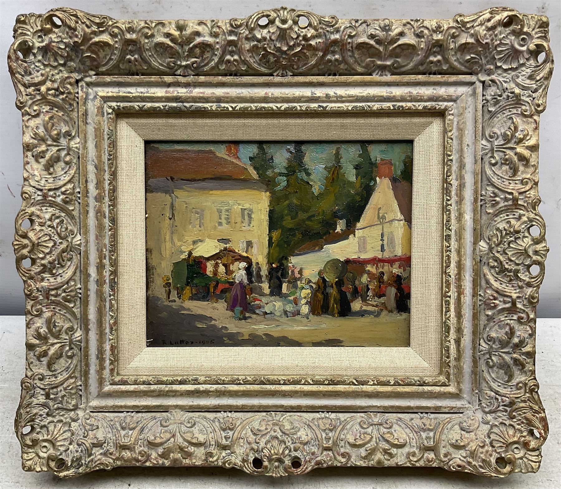 Ruth Latter (British 1869-1949): The Market, oil on board signed and dated 1905, 13cm x 18cm