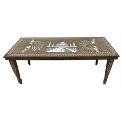 20th century Indian inlaid hardwood coffee table, rectangular top decorated with simulated ivory inlays depicting the Taj Mahal and elephants