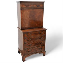 Georgian design inlaid mahogany secretaire writing chest, two cock-beaded drawers over fall-front enclosing fitted interior, over four long drawers, lower moulded edge on bracket feet