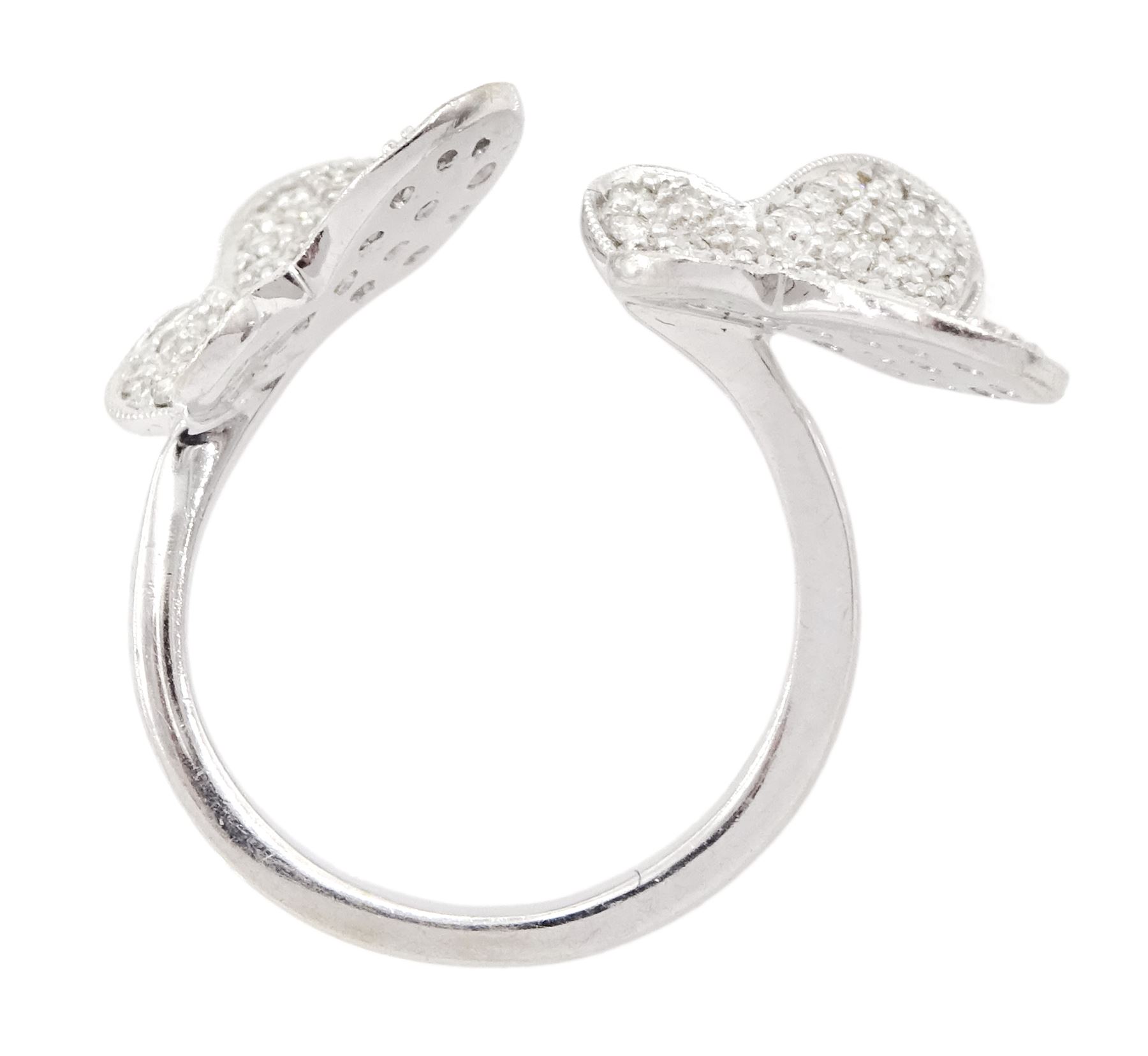 18ct white gold pave set diamond butterfly suite including ring, pair of stud earrings and pendant / brooch, all stamped 750