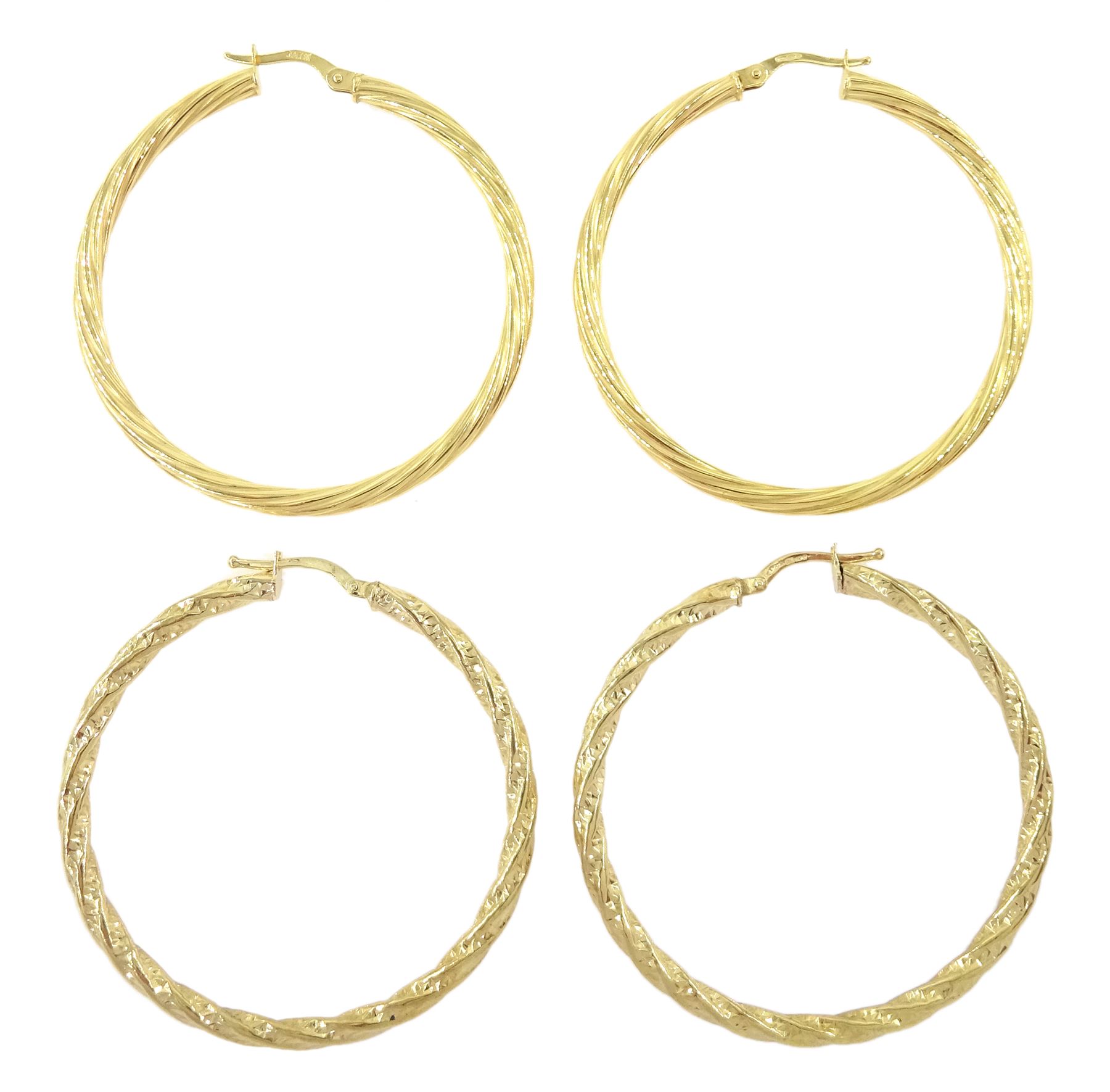 Two pairs of gold twist design hoop earrings, both hallmarked 9ct