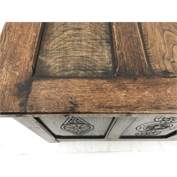 20th century panelled oak blanket box, carved detail to front, W91cm, D45cm, H52cm