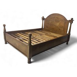 Contemporary mango wood bed frame, comprising an arched panelled headboard and footboard w...