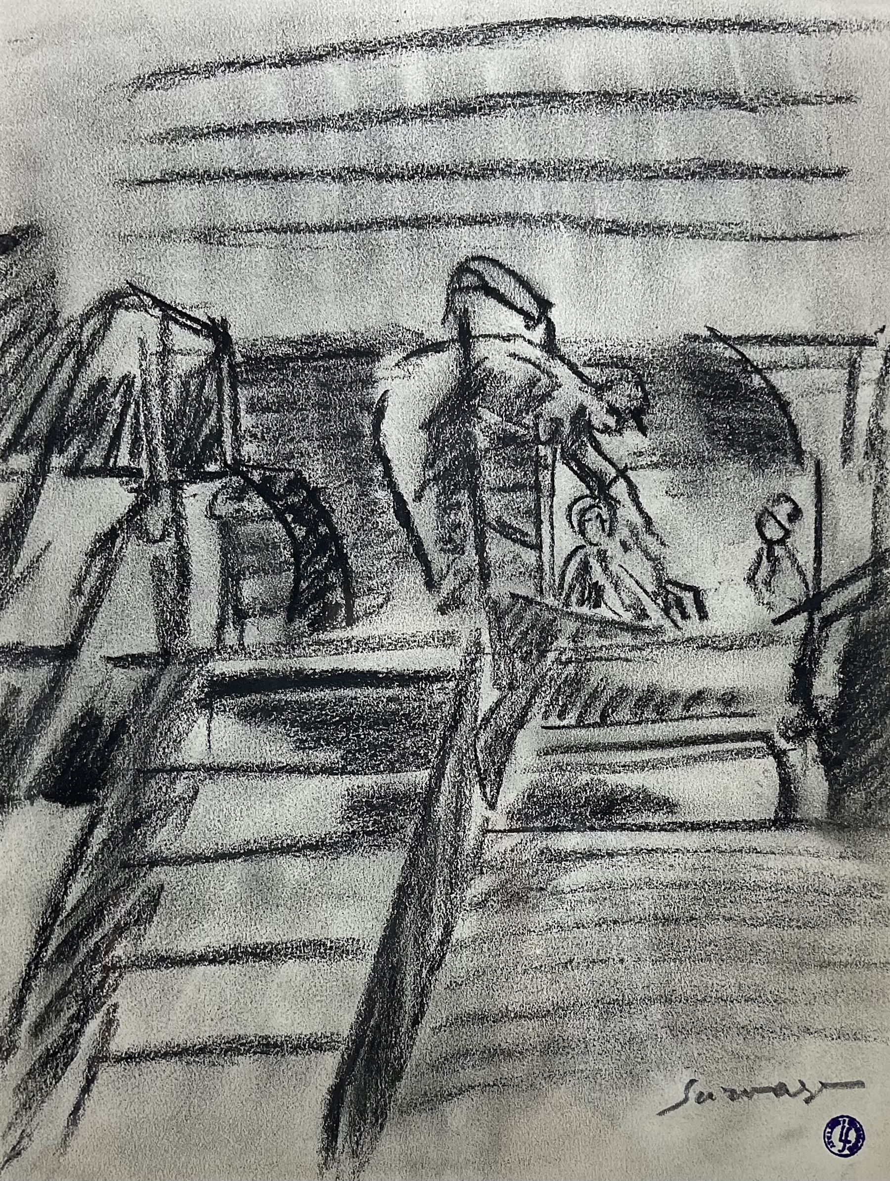 Léopold Survage (French 1879-1968): Miners Working, charcoal signed in pencil and bearing studio stamp 29cm x 22cm 