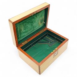 Victorian maple and boxwood strung workbox, with mother of pearl escutcheon and vacant mother of pearl panel, each within checkered borders, the compartmentalised interior with green fabric lining and gilt tooled green leather dividers H11.5cm W25cm 