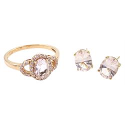 14ct rose gold oval cut morganite and round brilliant cut diamond cluster ring, stamped and a pair of 9ct gold morganite stud earrings