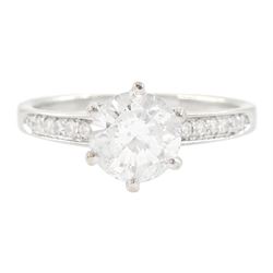 18ct white gold single stone round brilliant cut diamond ring, with diamond set shoulders,...