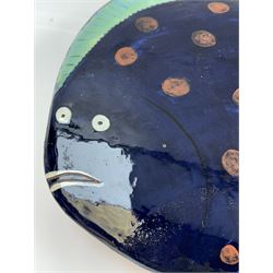 Studio pottery terracotta paella dish, modelled as a fish and finished in blue, green and brown glaze,  by Mary Hick Ceramics, Edinburgh, W44cm