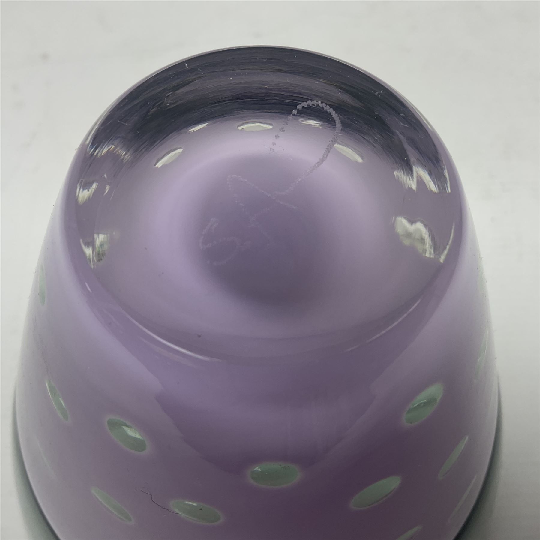 Stuart Akroyd glass vase, green banded top and purple opaque lower section with bubble inclusions, with sticker and engraved signature beneath, H15.5cm