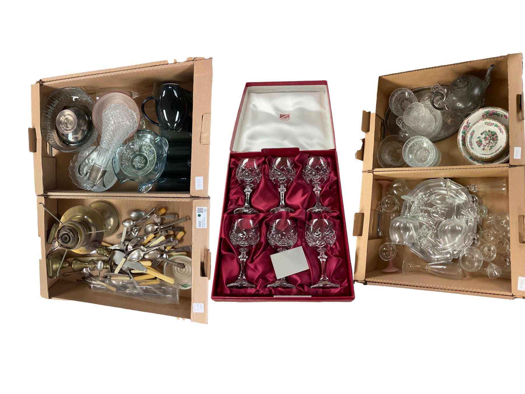 Silver plate mounted claret jug, together with set of six Cristallerie Zwiesel wine glasses and other collectables in four boxes 