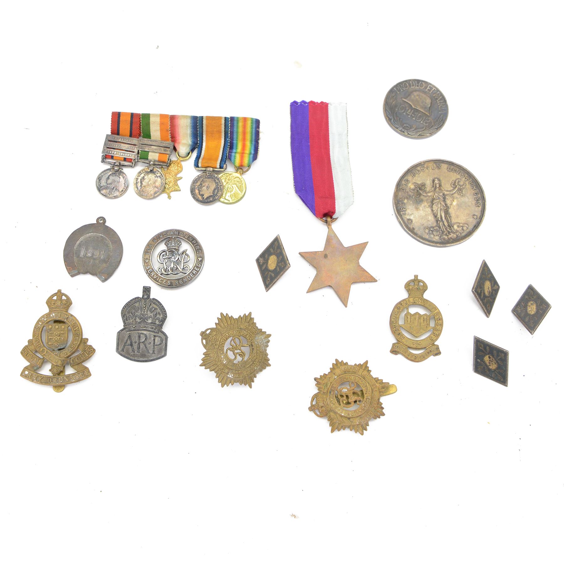 WWI miniature medal group, together with the Atlantic Star, Buttons, Cap badges and medallions  