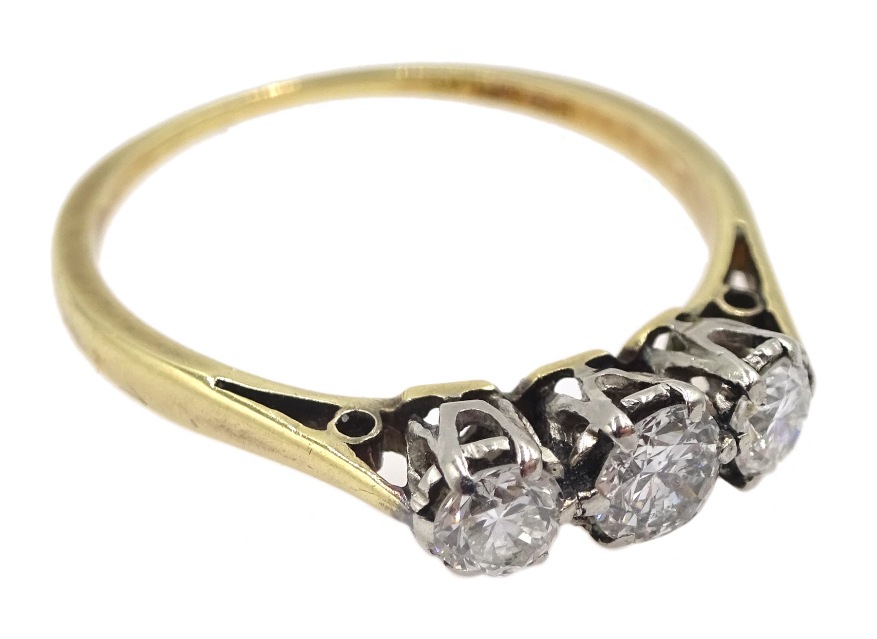 Gold three stone diamond ring, stamped 18ct & Plat, total diamond ...