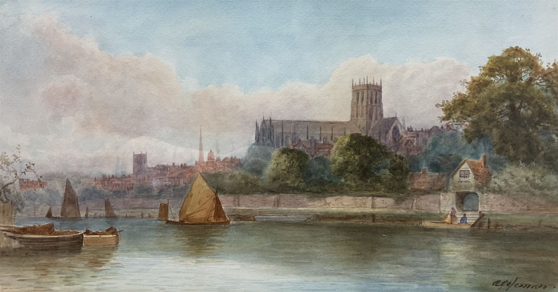 Amelia Coleman (British 19th Century): 'Worcester' from the Severn, watercolour signed, titled on mount 24cm x 45cm 