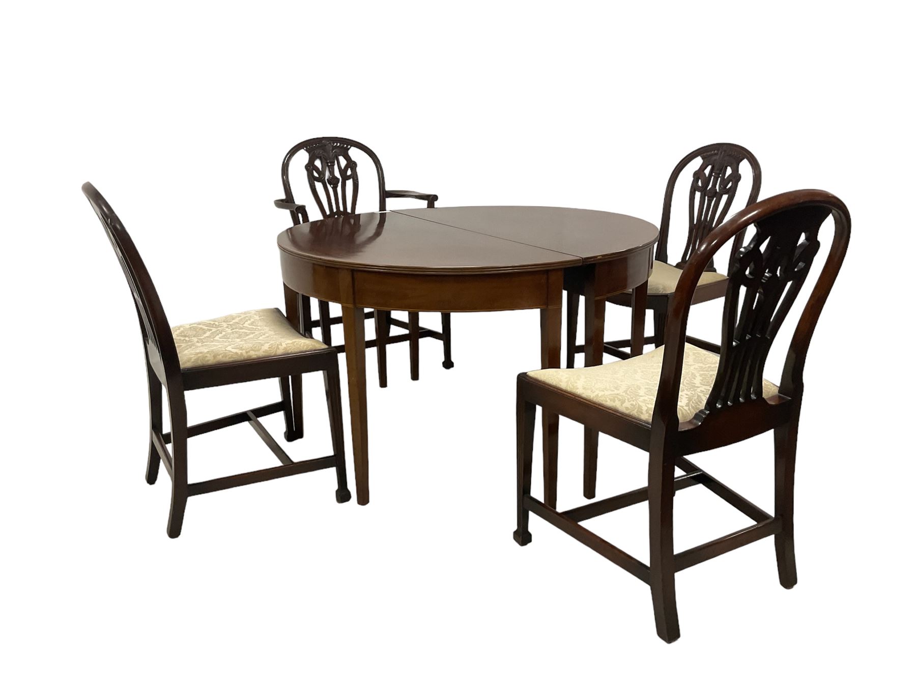 Pair of Georgian design mahogany D-end tables, reeded edge over banded frieze, on square tapering supports; with set of four (3+1) Hepplewhite design mahogany dining chairs, elaborately pierced and carved splat with festoons over dished seat, on fluted supports (W63cm H98cm)