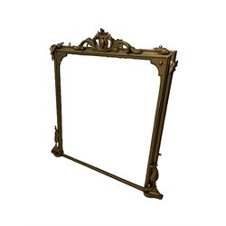 19th century gilt framed overmantel mirror, cartouche pediment surrounded by curling leave...