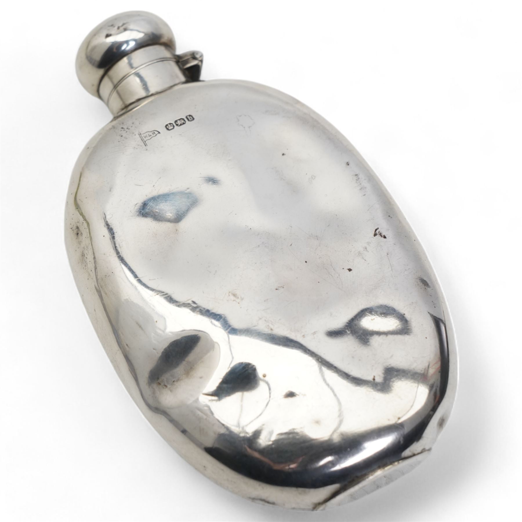 Late Victorian silver hip flask of flattened oval form L14cm Sheffield 1894 Maker Walker & Hall 