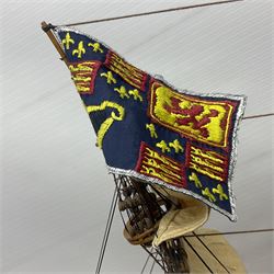 Large kit built scale model of 17th century Royal Navy warship 'HMS Sovereign of the Seas', upon wooden stand with engraved name plaque, H91cm, W111cm